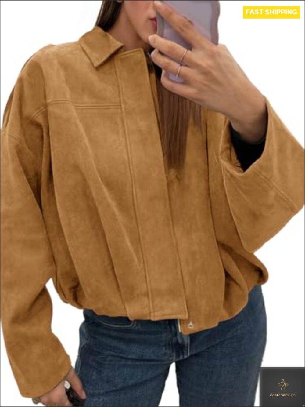 Oversized Cropped Faux Suede Bomber Jacket Zip Up Lapel Casual Coat - Picture 2 of 7